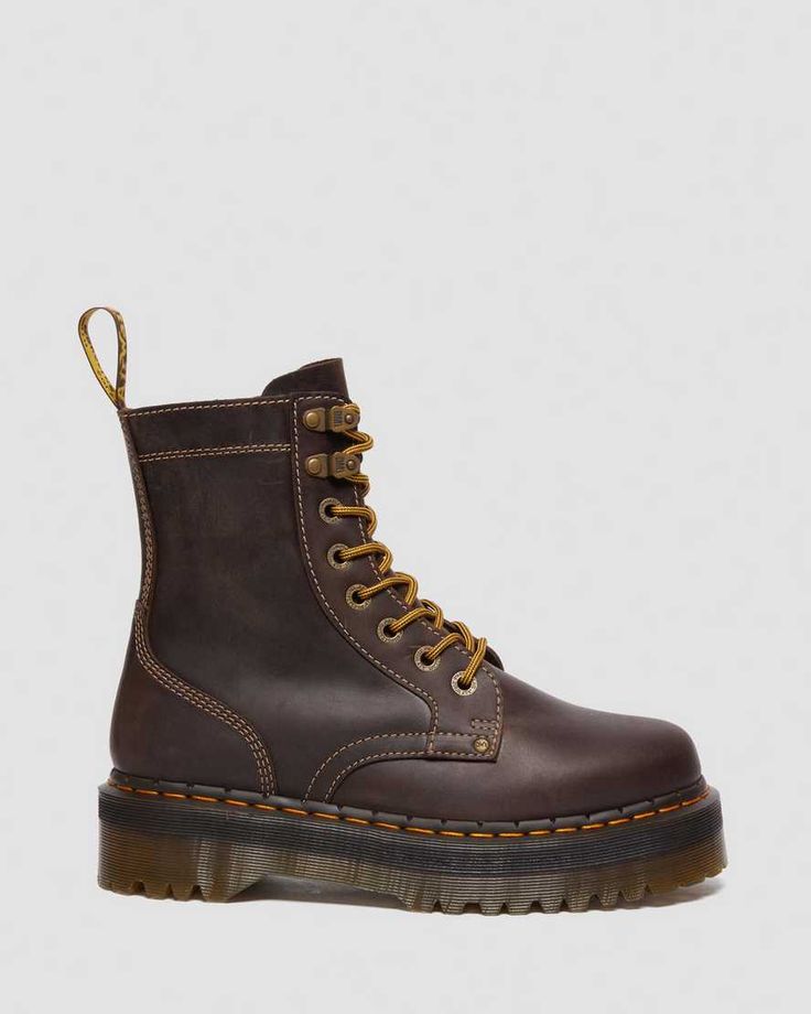 Jadon Boot Arc Crazy Horse Platforms in Brown | Dr. Martens Rugged Lace-up Boots With Stitched Sole For Fall, Brown Oiled Leather Lace-up Boots With Round Toe, Vintage Lace-up Oiled Leather Boots, Brown Lace-up Moto Boots For Adventure, Brown High Ankle Work Boots With Lug Sole, Brown Lace-up Boots For Fall Streetwear, Brown Lace-up Moto Boots For Outdoor, Vintage Lace-up Boots With Leather Footbed, Rugged Brown Combat Boots For Fall