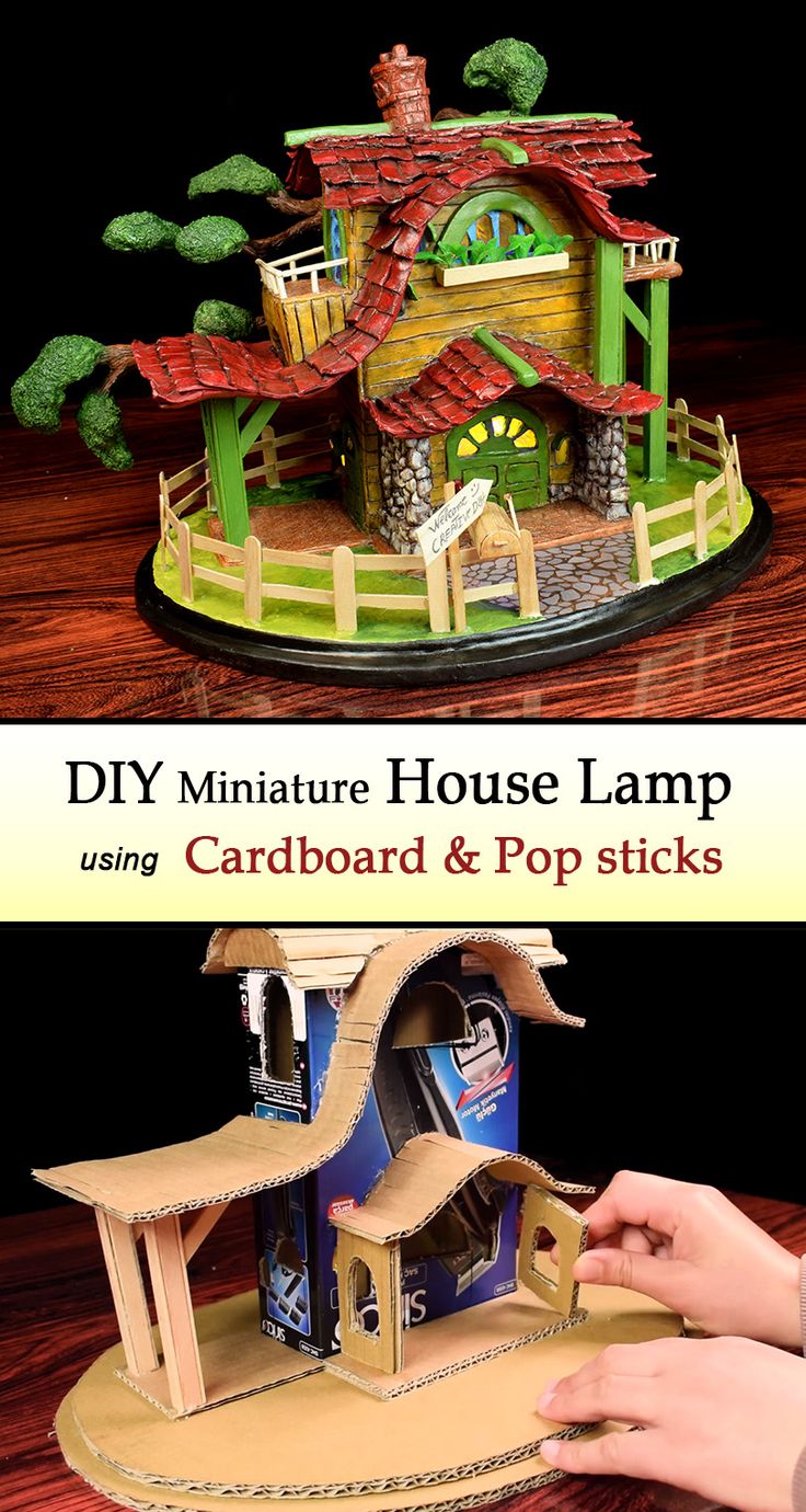 the miniature house lamp is being made with cardboard and popsticks to make it look like