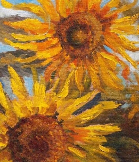 an oil painting of sunflowers with blue sky in the background