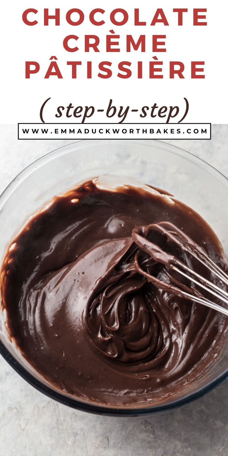 chocolate creme patissee in a glass bowl with a whisk