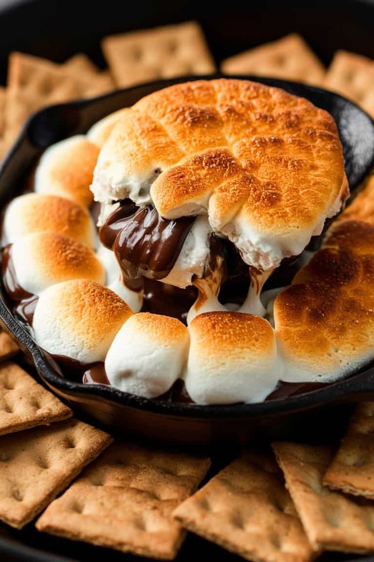 s'mores in a cast iron skillet with graham crackers on the side