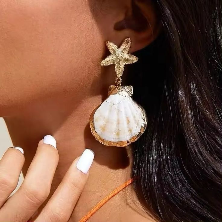 Starfish Shell Drop Earrings Elegant Star-shaped Summer Earrings, Elegant Starfish Earrings For Summer, Elegant Summer Starfish Charm Earrings, Summer Earrings With Starfish Charm, Star Shaped Earrings For Summer, Elegant Star-shaped Earrings For Summer, Elegant Summer Star-shaped Earrings, White Starfish Earrings For Beach, White Star Earrings For Beach