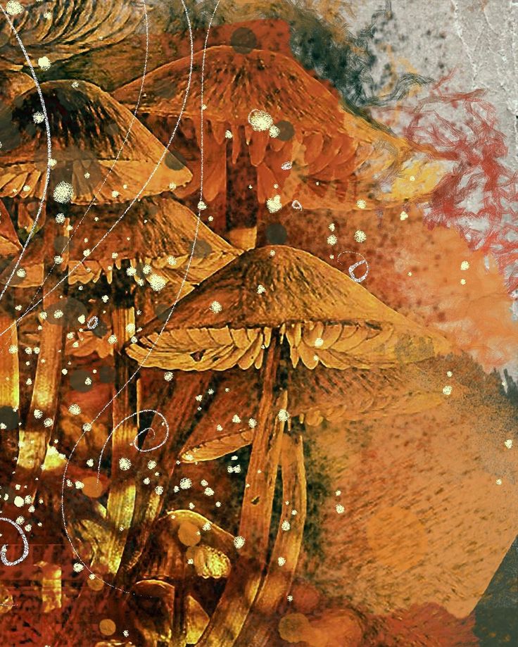 an artistic painting with mushrooms and flowers in the foreground, surrounded by water droplets