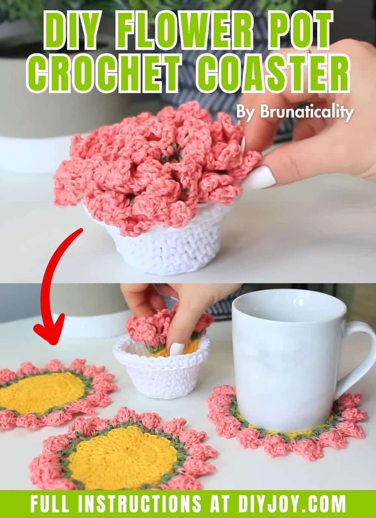 crochet flower pot coasters with instructions to make them