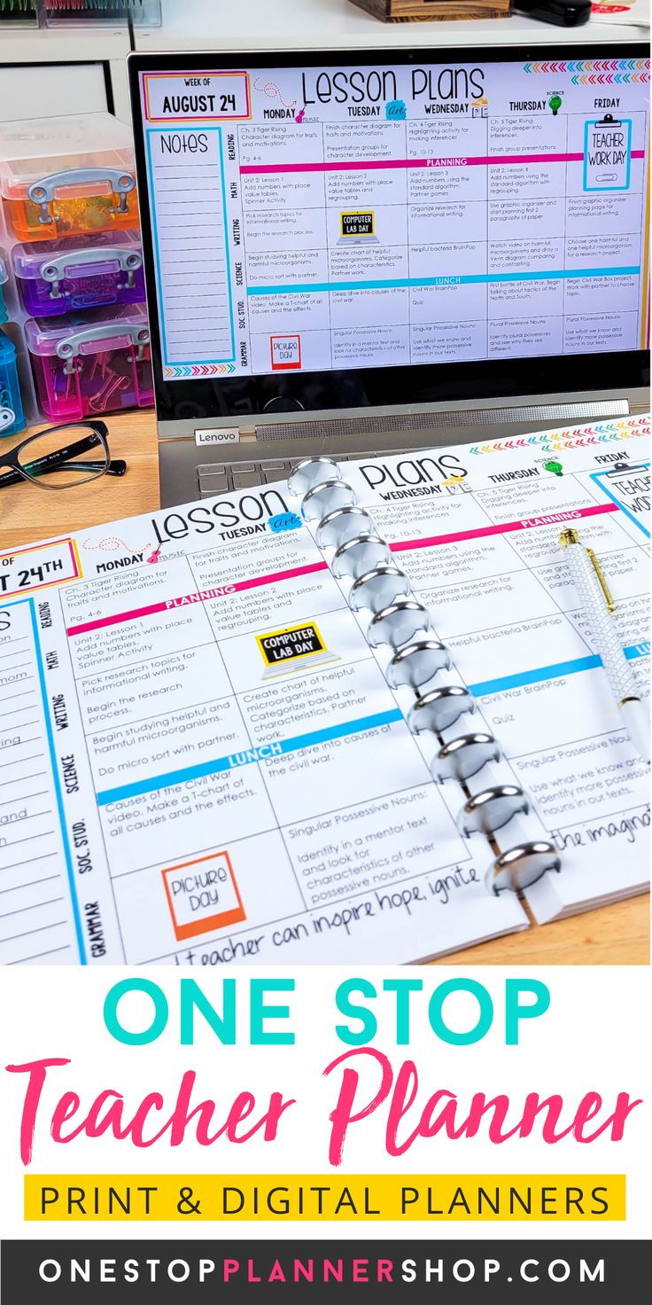 a laptop computer sitting on top of a desk next to a teacher's planner