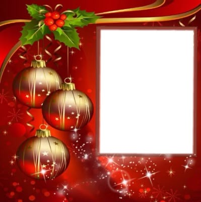 a red christmas card with ornaments hanging from it's sides and an empty space in the middle