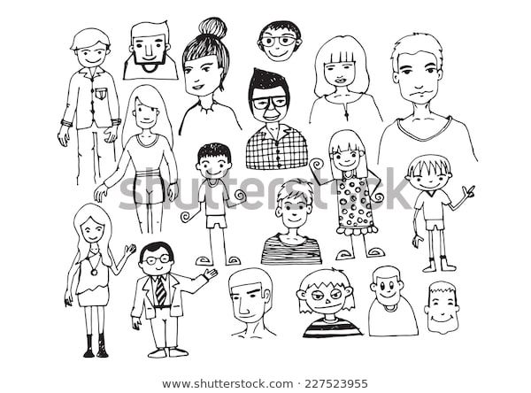 a black and white drawing of people in different poses, with one person pointing to the side