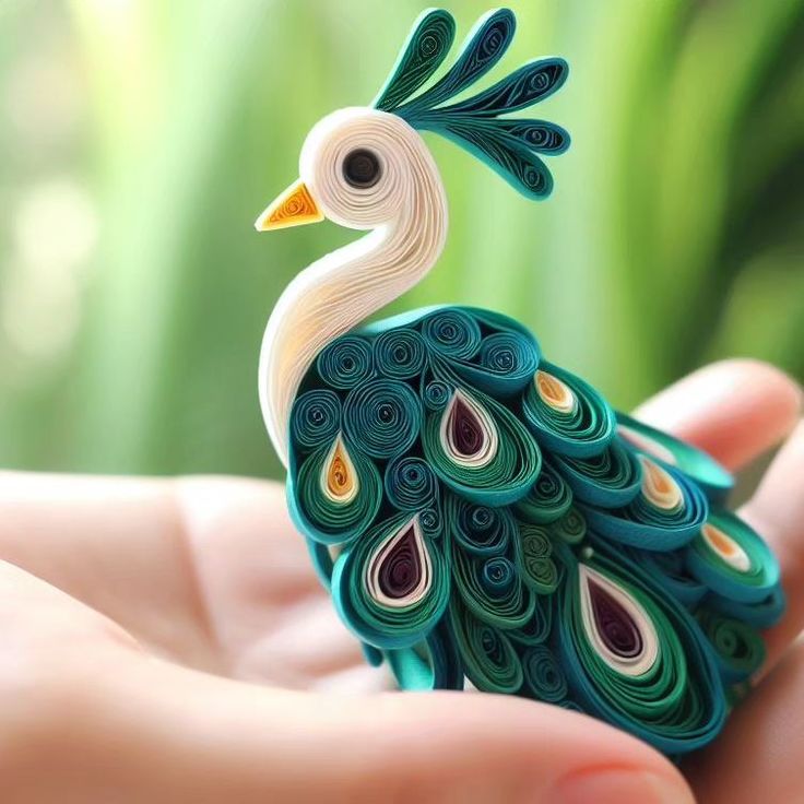 a hand holding a miniature peacock made out of paper