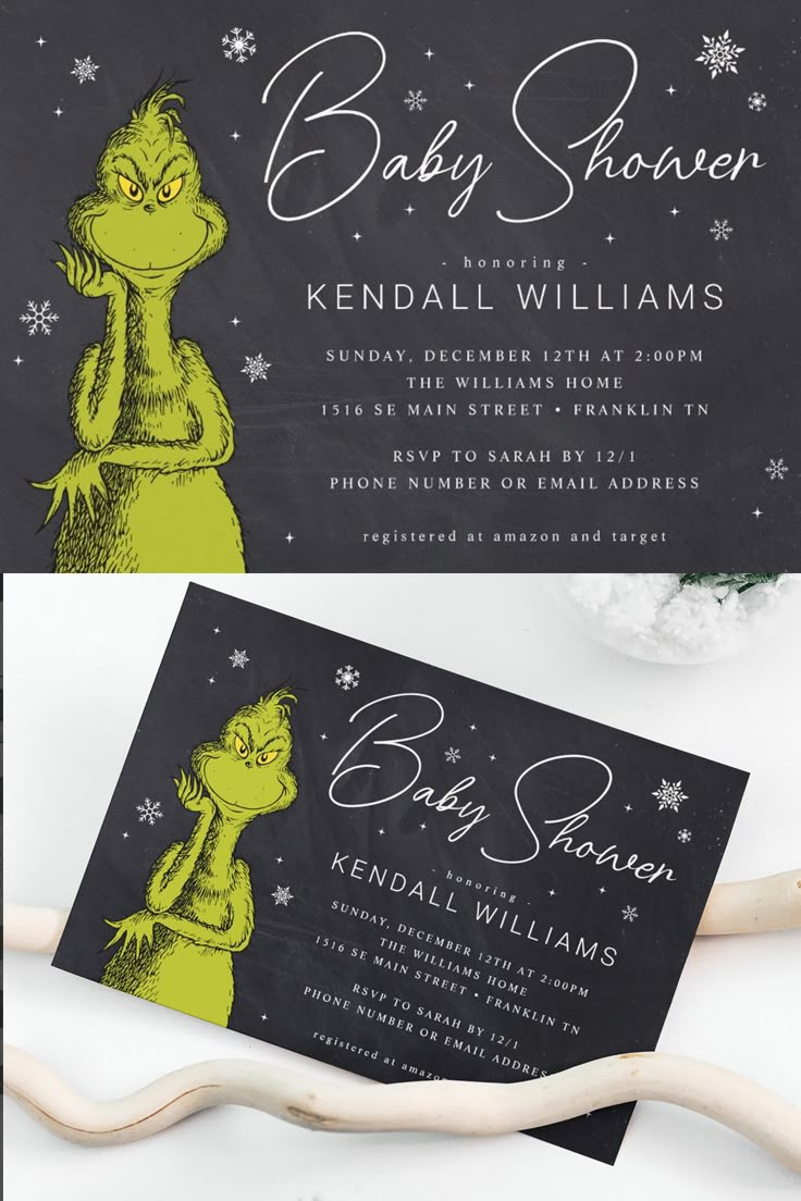 The Grinch Chalkboard Baby Shower
Invite all your family and friends to your Grinch themed Baby Shower with these cute Dr. Seuss chalkboard invites. Personalize by adding all your shower details. Grinch Baby Shower Ideas Girl, Grinch Themed Baby Shower Ideas, The Grinch Baby Shower Theme, Grinch Baby Shower Ideas, Grinch Chalkboard, December Baby Shower Ideas, Grinch Baby, Work Baby Showers, Invitation Business