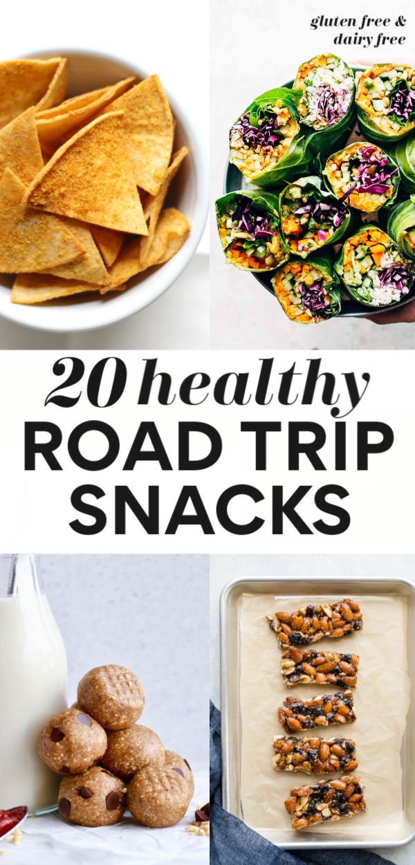 20 healthy road trip snacks with text overlay