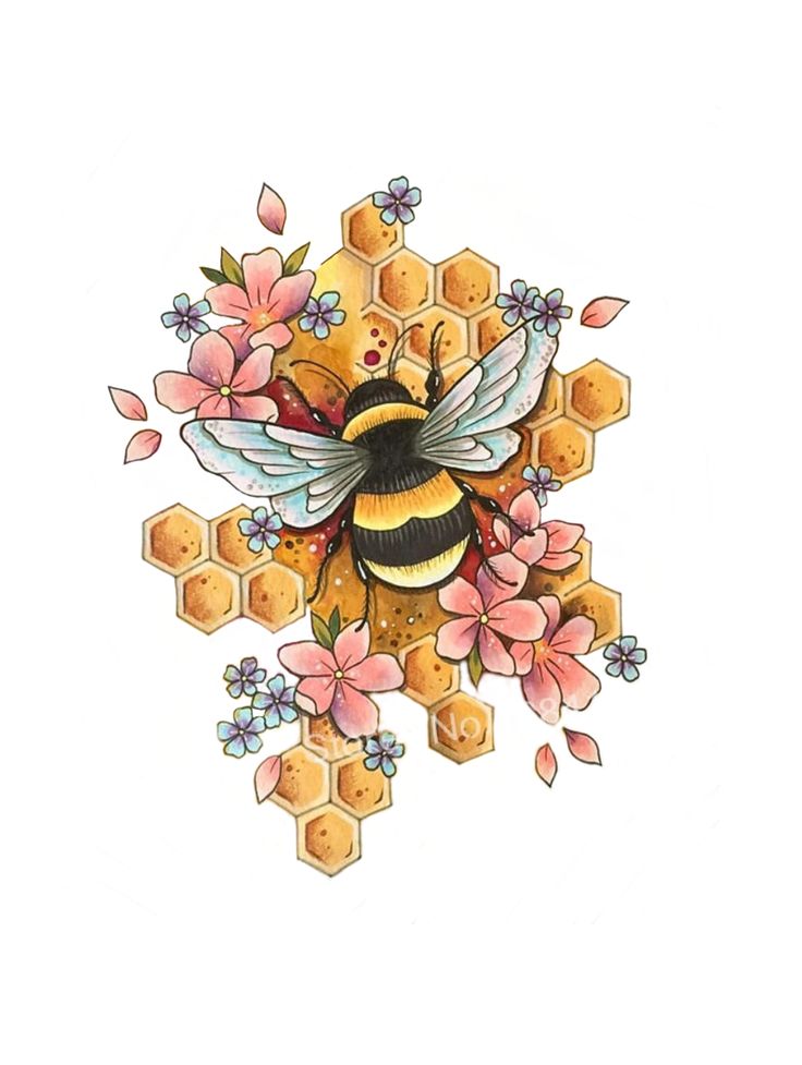 a drawing of a bee with flowers and honeycombs