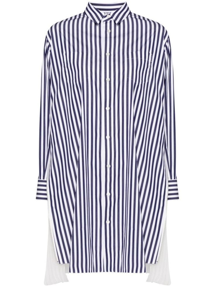 navy blue/white cotton panelled design vertical stripe pattern pleat detailing straight-point collar front button fastening buttoned cuffs asymmetric hem Striped Hem Dress For Work, Chic Shirt Dress With Striped Collar For Daywear, Classic Workwear Dress With Striped Collar, Contrast Stripe Dresses For Workwear, Spring Workwear Dresses With Contrast Stripes, Long Sleeve Dresses With Vertical Stripes For Work, Classic Striped Shirt Dress For Work, Elegant Dresses With Striped Collar For Daywear, Classic Striped Shirt Dress