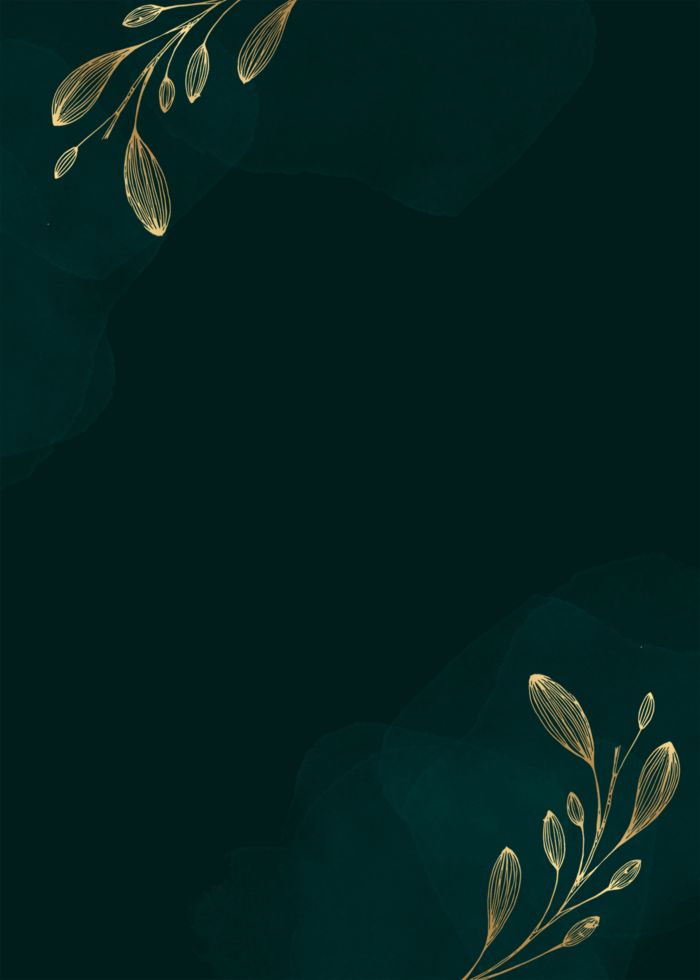 a dark green background with gold leaves on the top and bottom, as well as an empty space for text