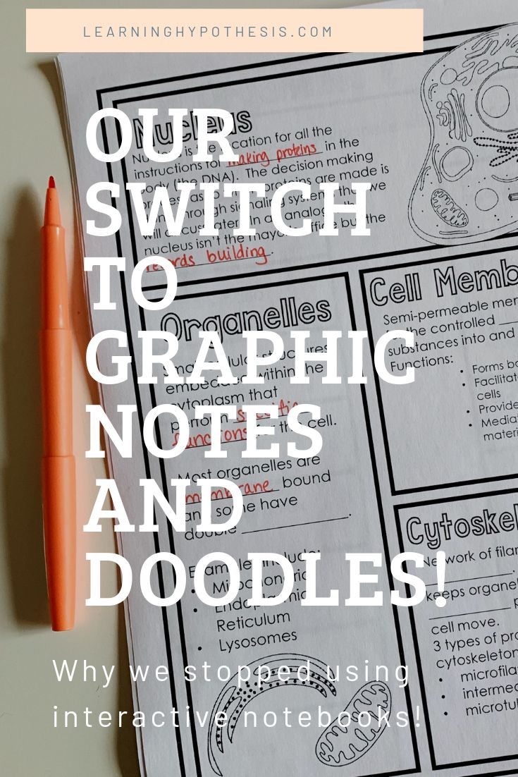 a notebook with the words our switch to graphic notes and doodles on it next to an orange marker