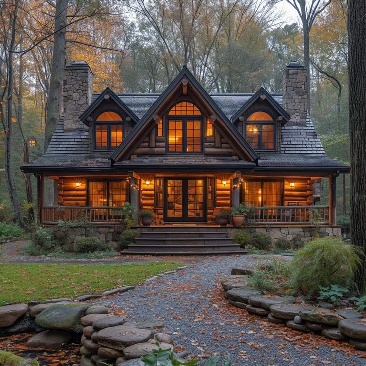 a log home with stone steps leading to the front door