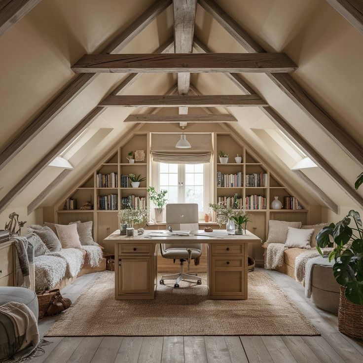 an attic office with wooden floors and white walls, built in bookshelves to the ceiling