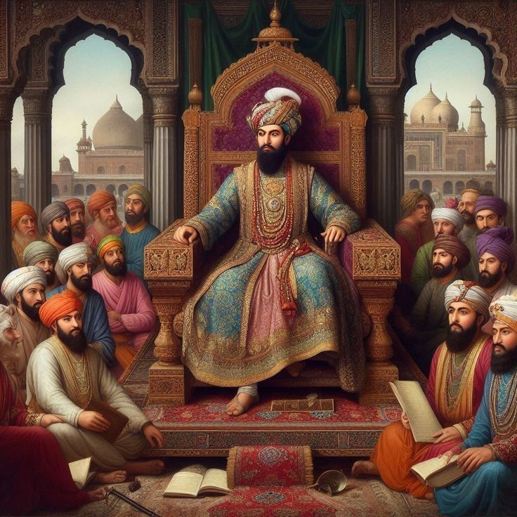 a painting of a man sitting on top of a throne surrounded by men in turbans