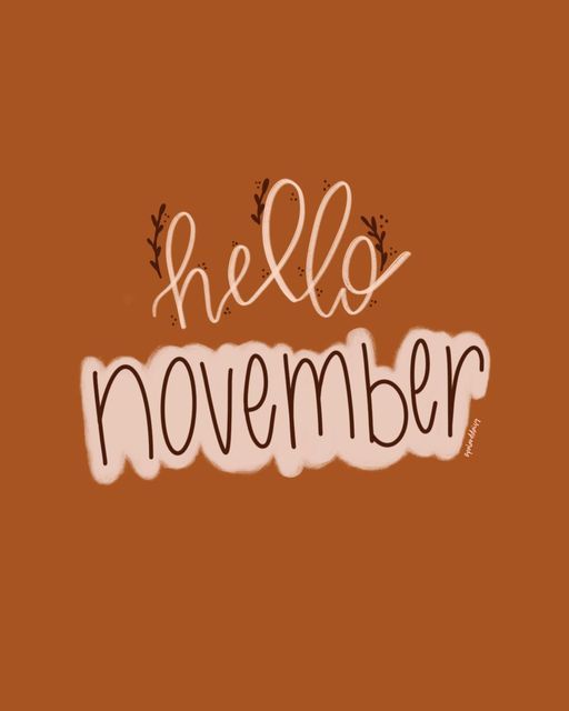 the word hello november written in white ink on an orange background with brown and black lettering