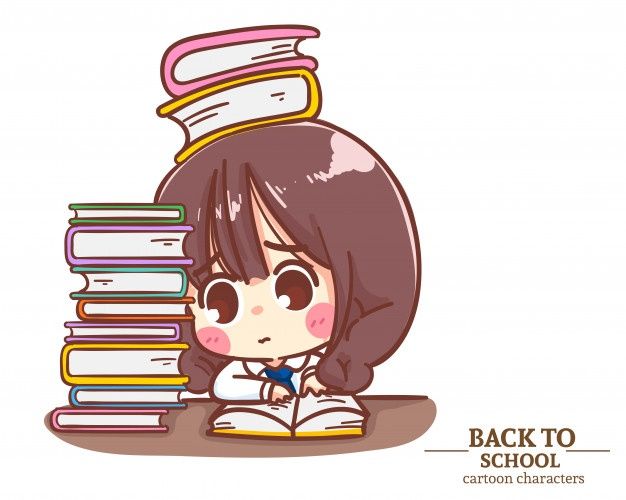 a girl reading a book with stacks of books on her head and the words back to school