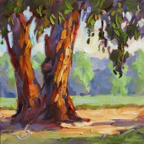 an oil painting of two trees in a field