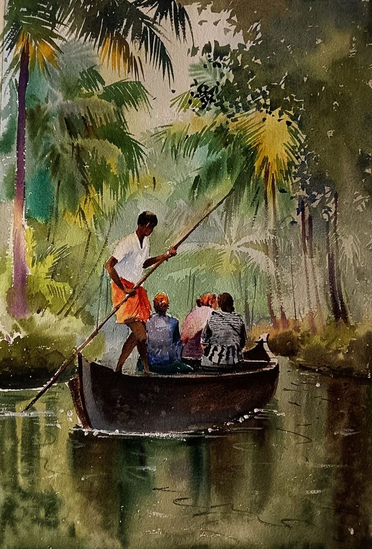 a painting of people in a boat on a river with palm trees and other vegetation