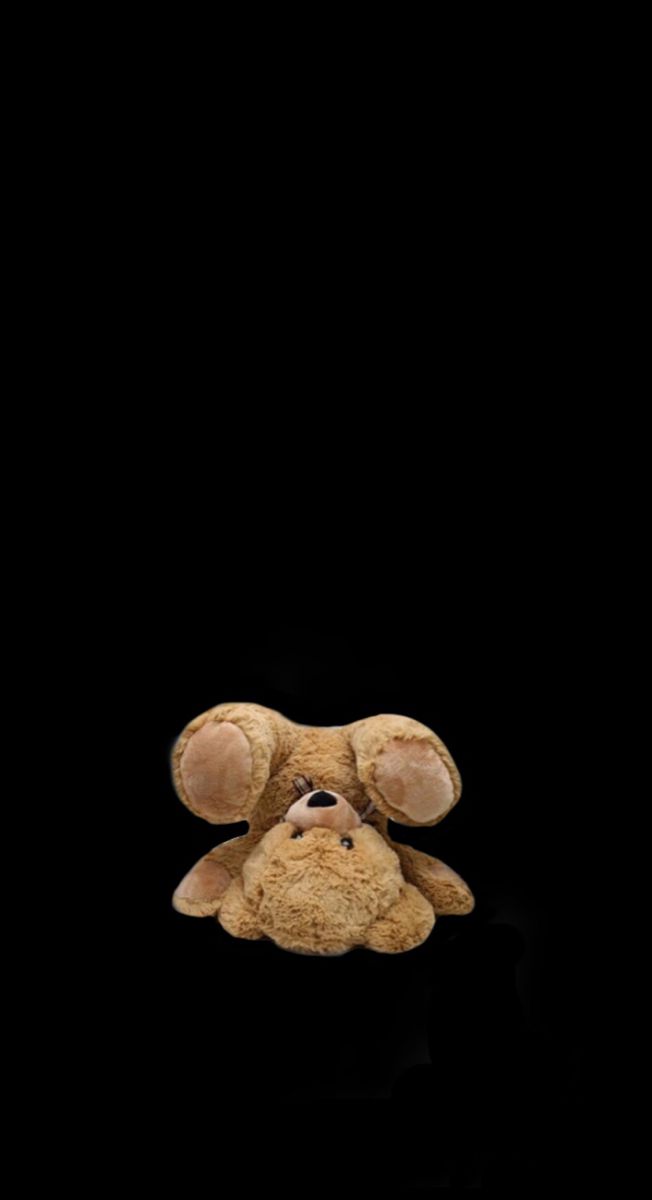 a brown teddy bear sitting up against a black background