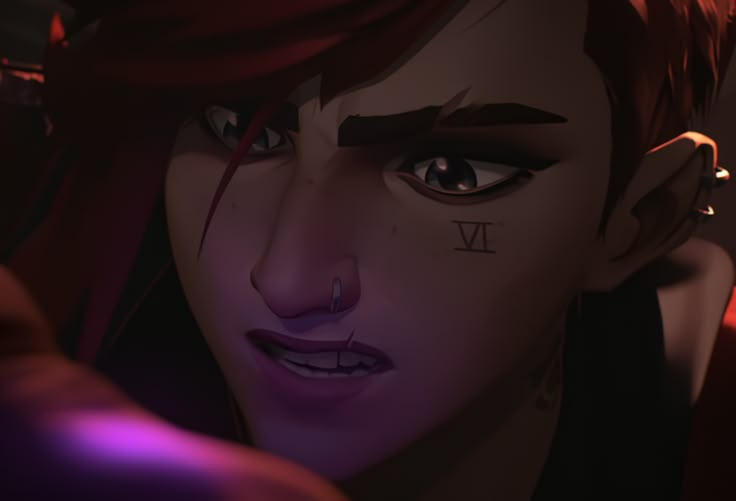 an animated woman with red hair and piercings on her face looking at the camera