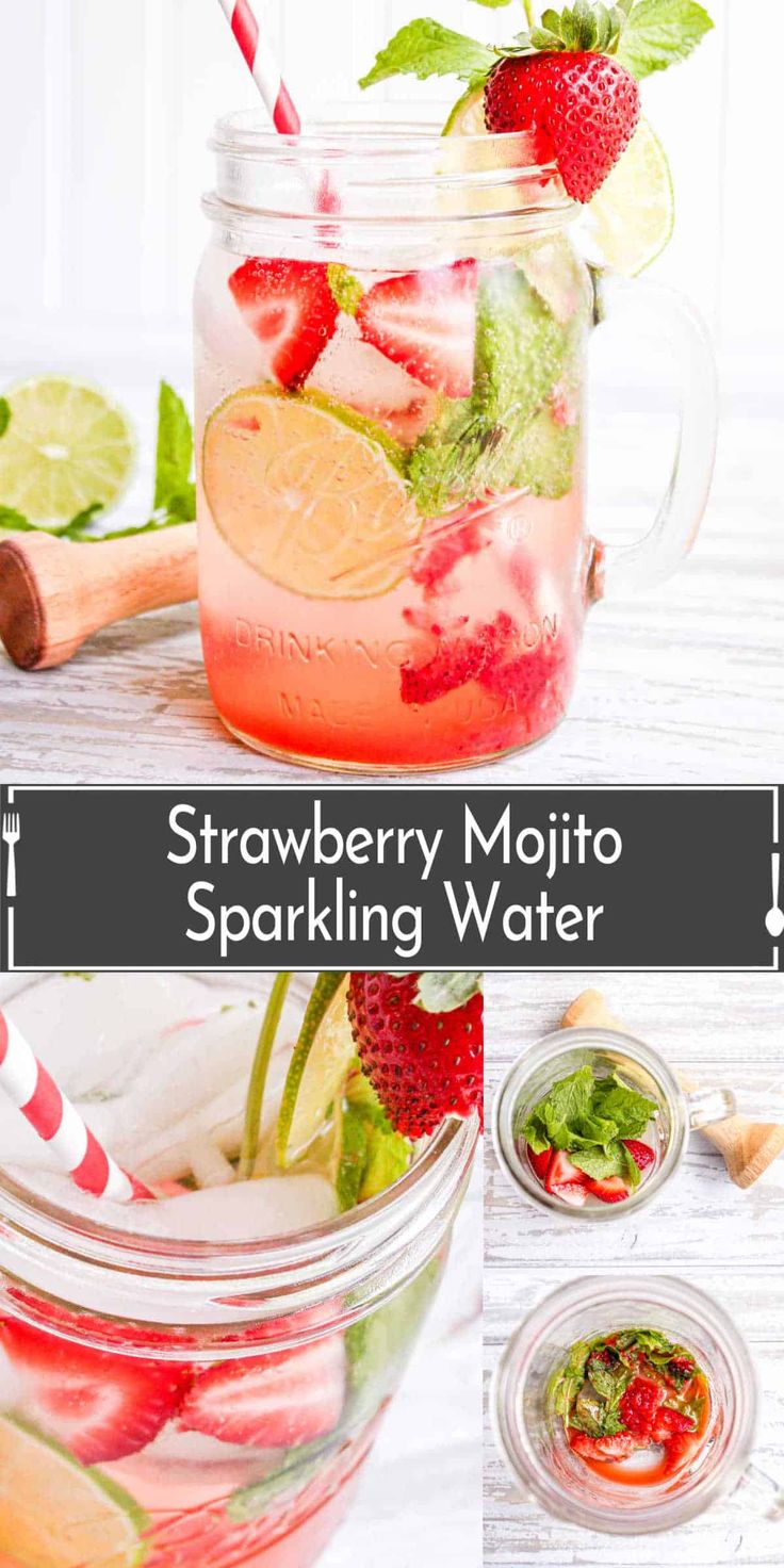 strawberry mojito sparkling water in a mason jar with strawberries and limes