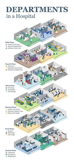 an illustrated diagram shows the different types of hospital rooms and their functions in which they are located