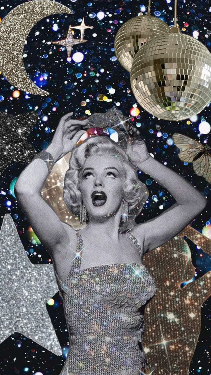 marilyn monroe dancing in front of stars and disco ball lights with her hands on her head