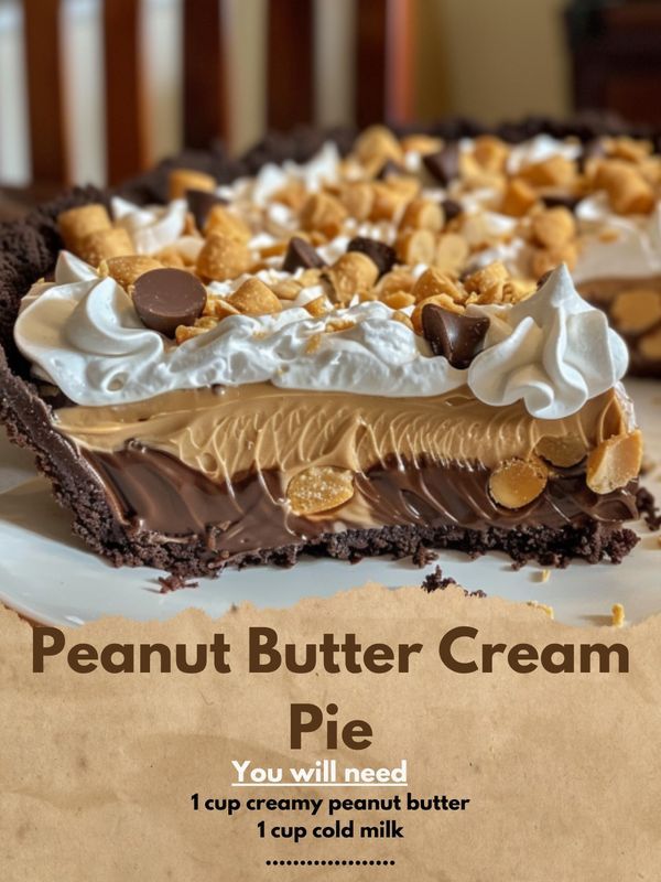 a piece of peanut butter cream pie on top of a white plate with chocolate chips