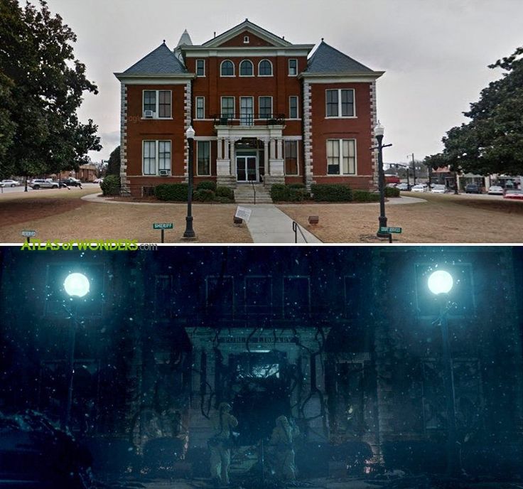 before and after photos of an old brick house in the middle of night, then at night