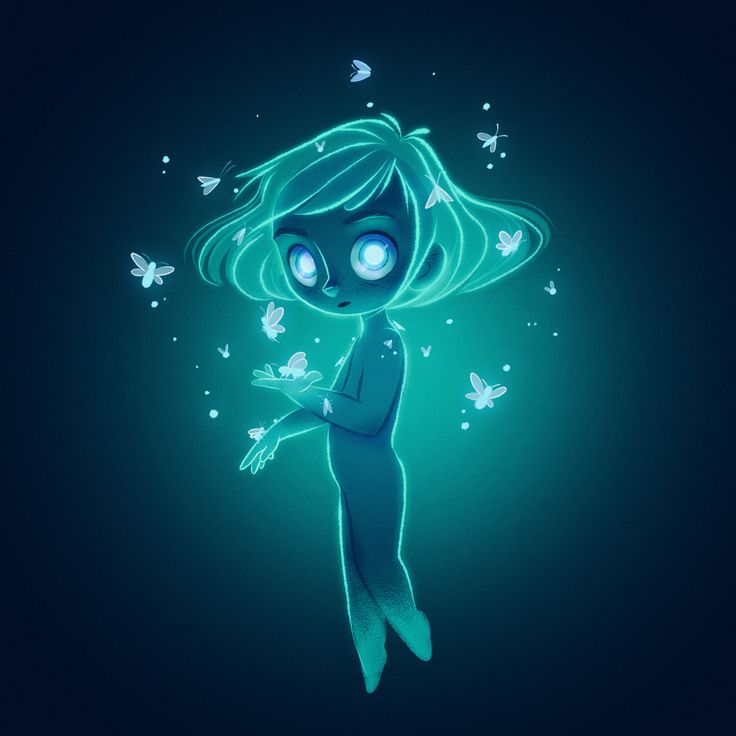 a drawing of a girl with blue hair and butterflies flying around her, in the dark