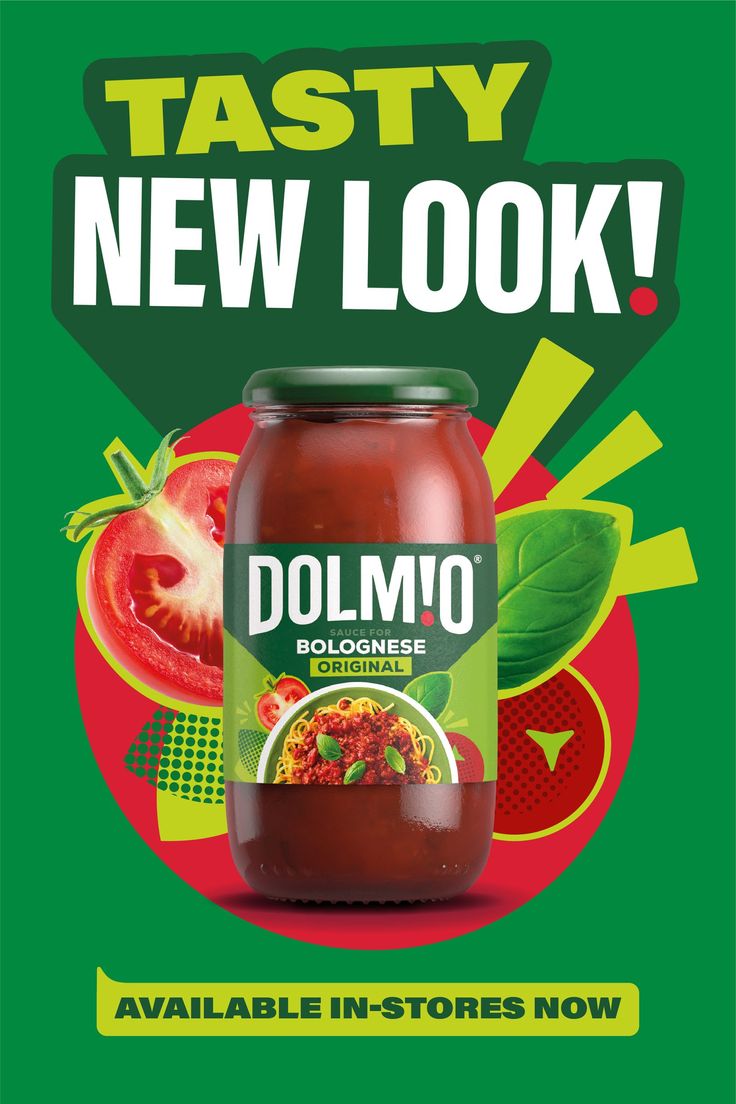 a jar of dolmo tomato sauce with the words tasty new look on it