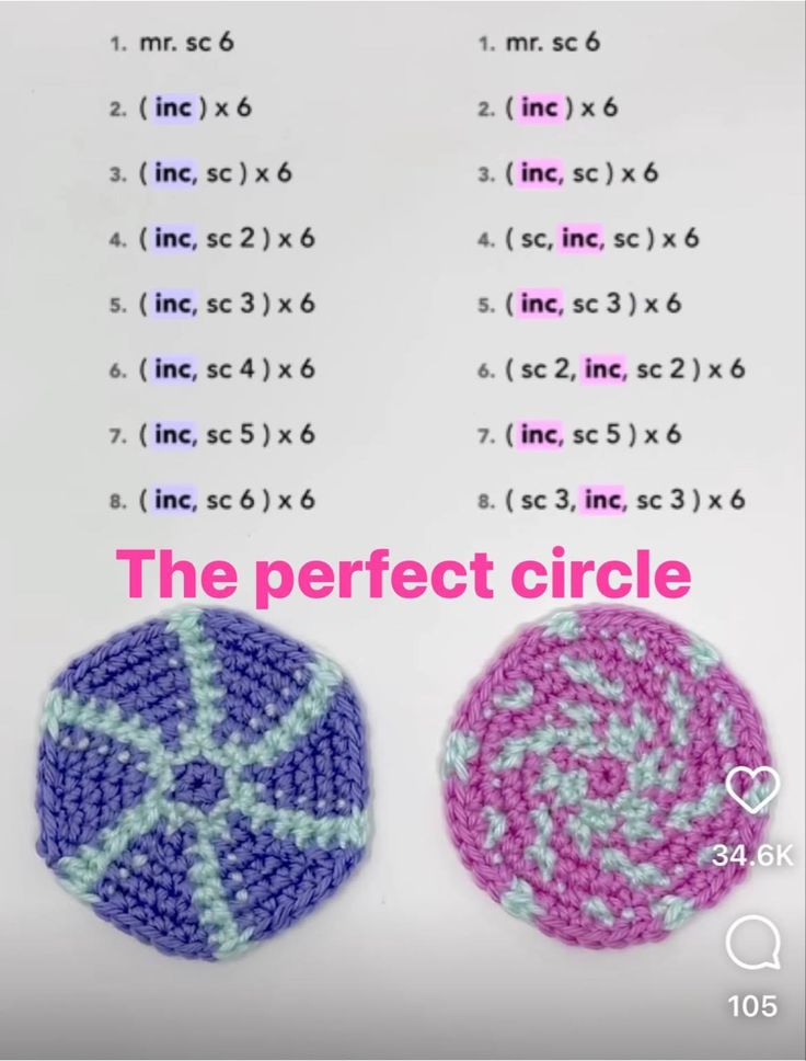 two crocheted circles are shown with the text, the perfect circle in pink and blue