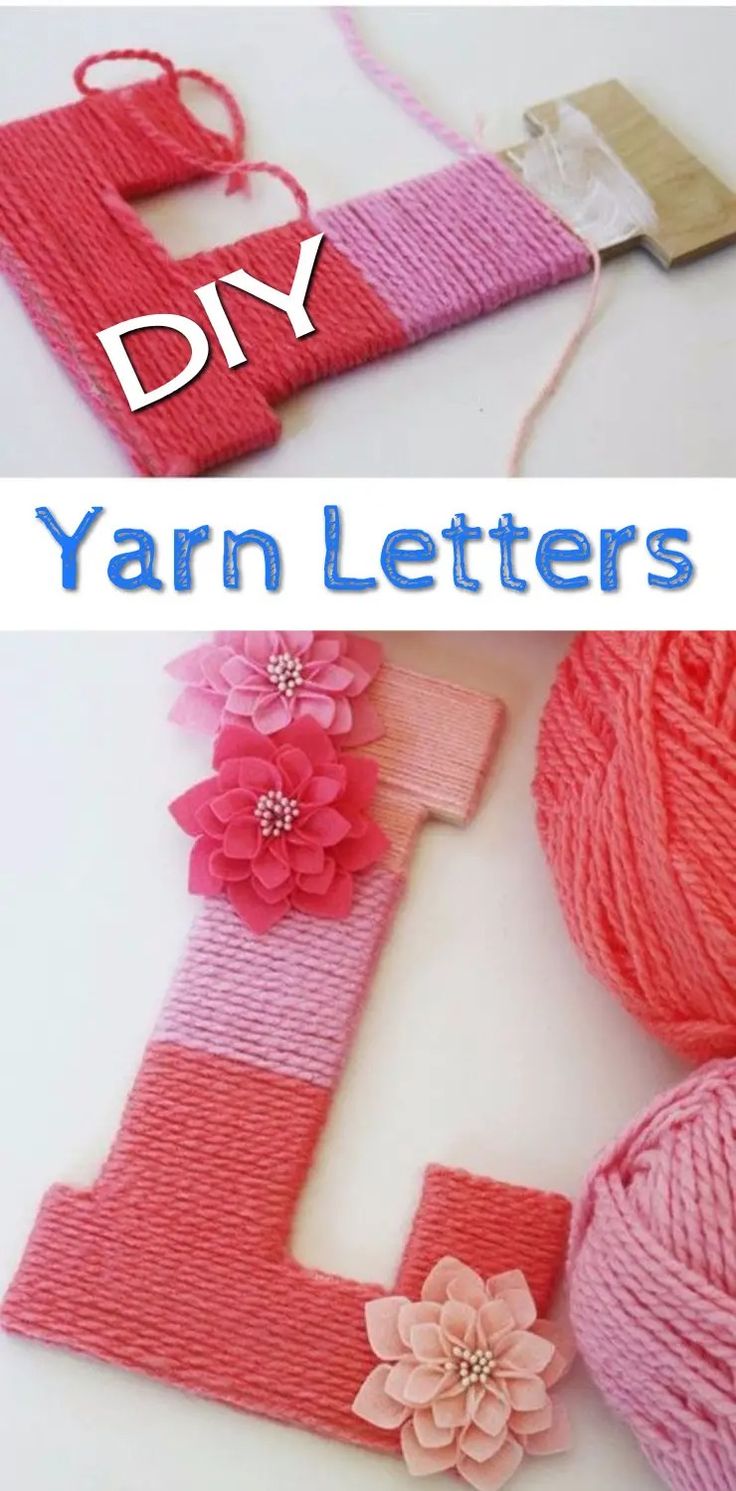 yarn letters with flowers and yarn balls