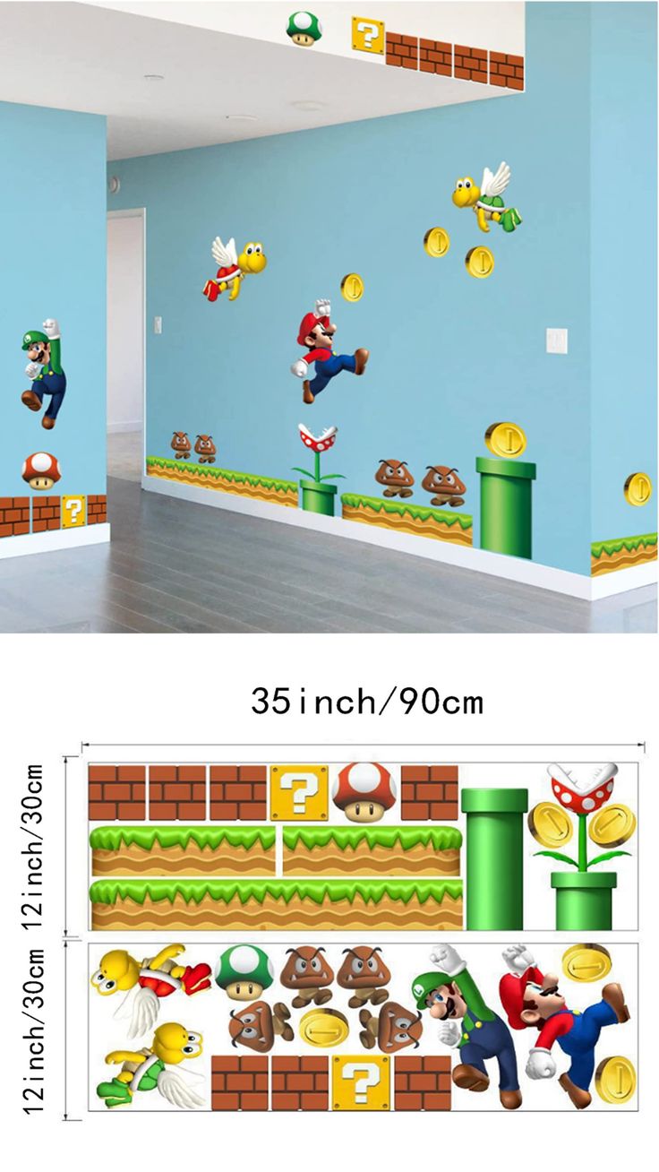 the mario bros wall decals are shown in different sizes and colors, along with other stickers