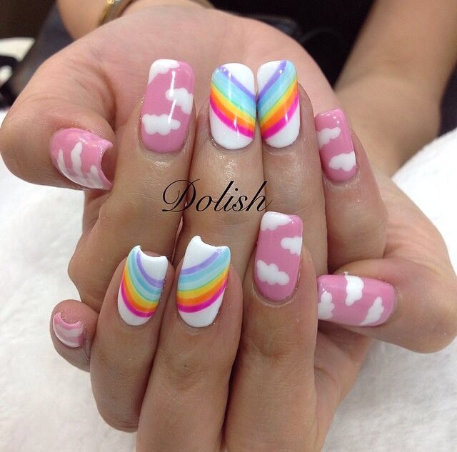 Rainbow Heart Nail Art, Rainbow Sky Nails, Rainbow And Cloud Nails, Boho Rainbow Nails, Rainbow Cloud Nails, Tacky Nails, Cloud Nail Art, Weather Nails, Celestial Nails