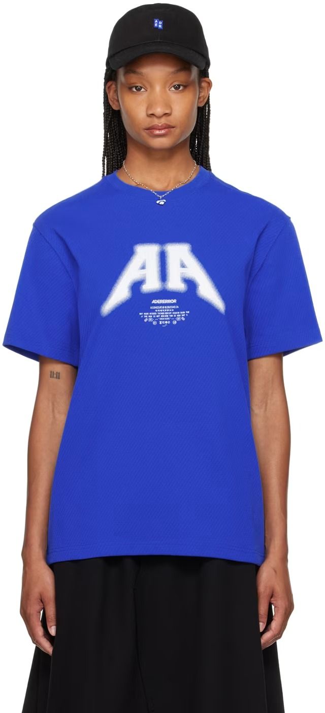 ADER error: Blue Embroidered T-Shirt | SSENSE Crew Neck T-shirt With Embroidered Logo For Streetwear, Blue College T-shirt With Embroidered Logo, Blue Cotton T-shirt With Embroidered Logo, College Crew Neck T-shirt With Embroidered Logo, Short Sleeve T-shirt With Letter Embroidery For Streetwear, Blue Graphic Tee With Embroidered Logo, Casual Blue T-shirt With Letter Embroidery, Crew Neck T-shirt With Letter Embroidery For College, Blue Relaxed Fit T-shirt With Embroidered Logo