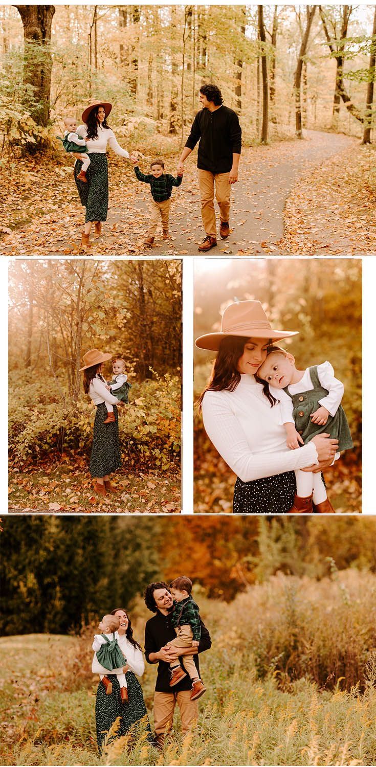 a family is walking through the woods with their baby girl in her arms and dad holding him