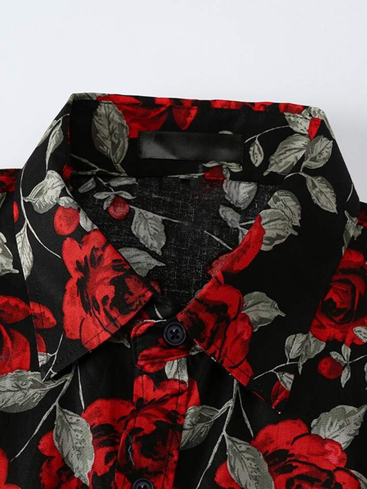 Casual Rose Print Shirt For Summer, Casual Rose Print Summer Shirt, Floral Print Long Sleeve Party Shirt, Casual Summer Party Shirt, Long Sleeve Tops With Rose Print For Summer, Rose Print Tops For Summer, Red Shirt For Spring Party, Red Party Shirt For Spring, Pink Summer Party Shirt