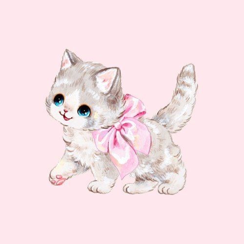 a painting of a kitten with a pink bow on it's head and blue eyes