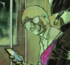 a drawing of a man holding a cell phone and looking at his reflection in the mirror