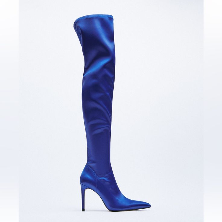 Electric Blue Thigh High Boots With Heel. Formal Fitted Blue Boots, Blue Pointed Toe Heeled Boots For Party, Elegant Blue Spring Boots, Chic Blue Formal Boots, Blue High Heel Boots For Evening, Blue Thigh High Party Boots, Chic Blue Pointed Toe Boots, Chic Blue Heeled Boots For Formal Events, Blue Pointed Toe Boots For Night Out