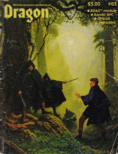 Bandits in the woods. This well-used Dragon includes the bandit NPC class and an updated World of Greyhawk map detail showing where 17 different leaders and their forces can be found within the Bandit Kingdoms. (James Warhola cover, Dragon No 63, TSR, July 1982.) World Of Greyhawk, Barbarian Movie, Dragon Magazine, Old Dragon, Pen And Paper Games, Dragons 5e, Classic Rpg, Advanced Dungeons And Dragons, The Bandit