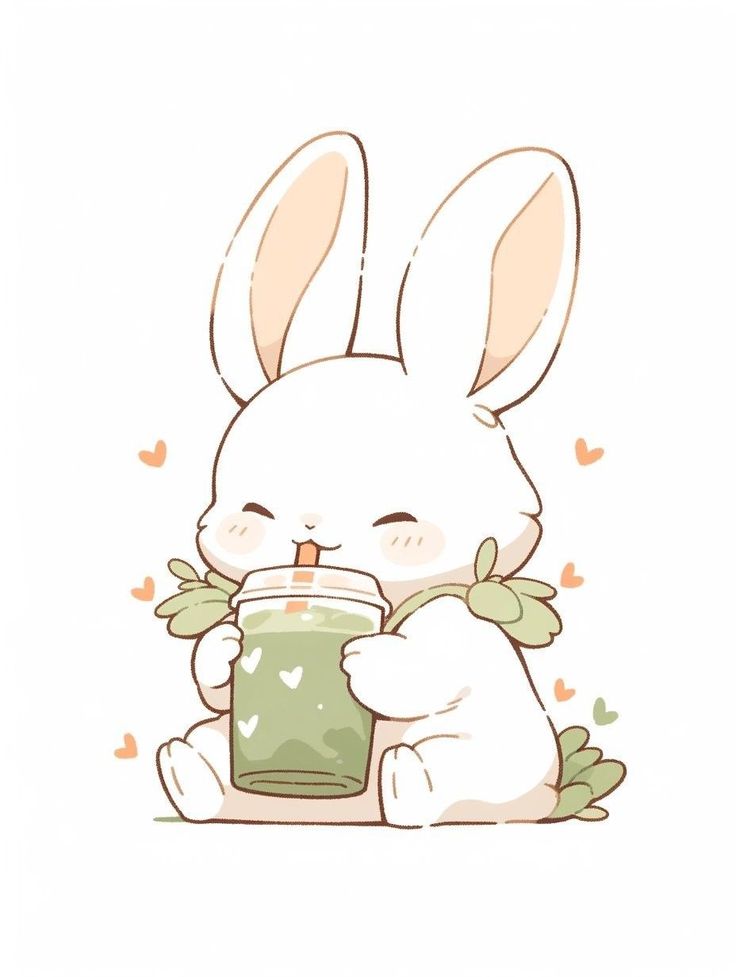 a rabbit holding a cup with a drink in it