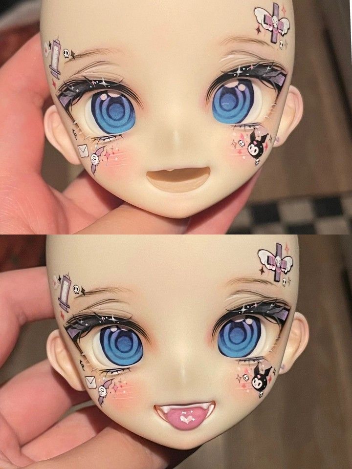 two pictures of the same doll's eyes with different designs on their faces and eyebrows