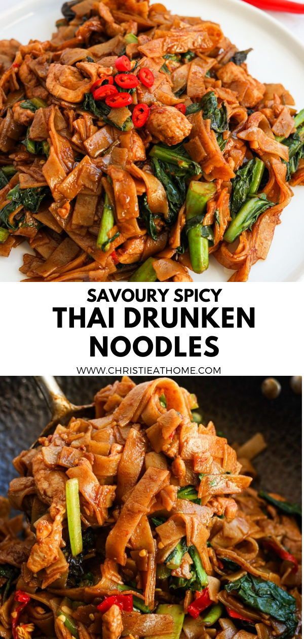 an image of some food on a plate with the words savory spicy thai chicken noodles