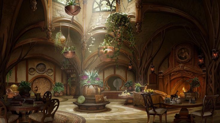 an artistic rendering of a dining room with potted plants on the windowsills