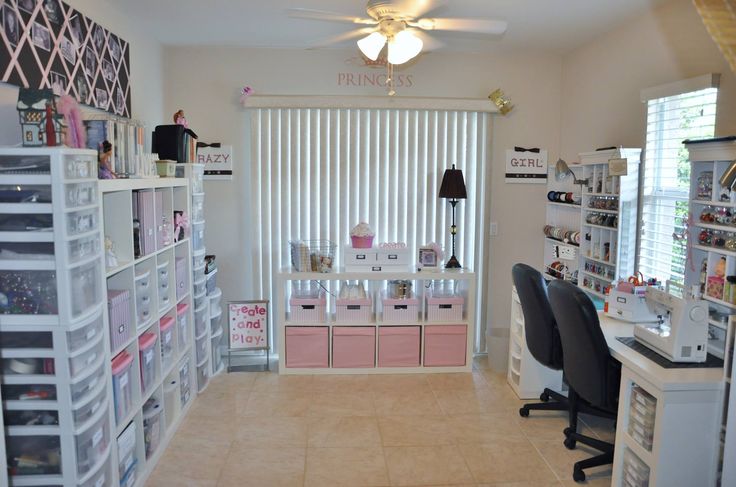 the inside of a nail salon with lots of shelves and bins on each side